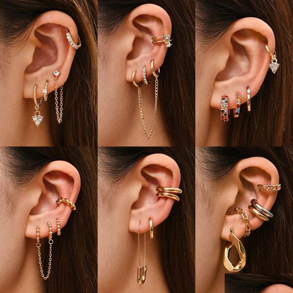 Hoop Huggie Punk Rock Helix Faux Cartilage Oreille Manchette Avec Longue Chaîne Cercle Boucles D'oreilles Ensemble Pour Femmes Minuscule Piercing Hie Boucle D'oreille Bijoux Dr Otjbo