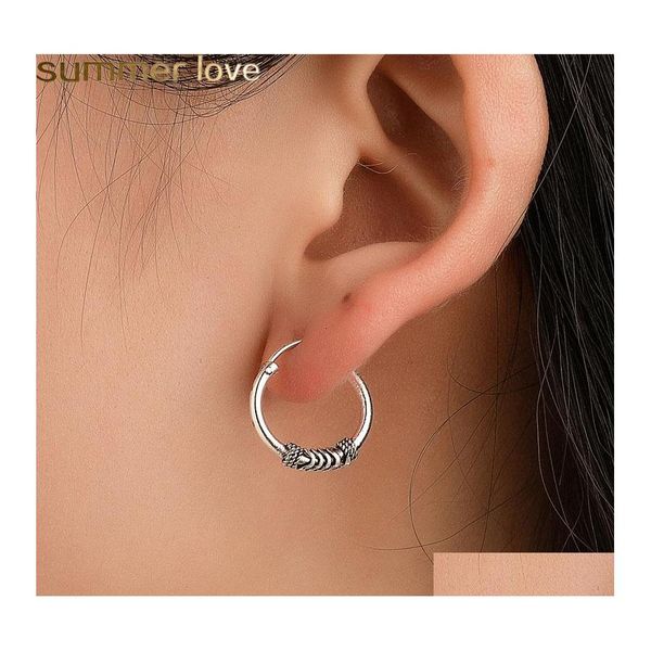 Hoop Huggie Punk Anillos de cabeza de uñas Vintage Pendientes para hombres Ancient Sier Round Circle Ear Women Jewelry Drop entrega otrin