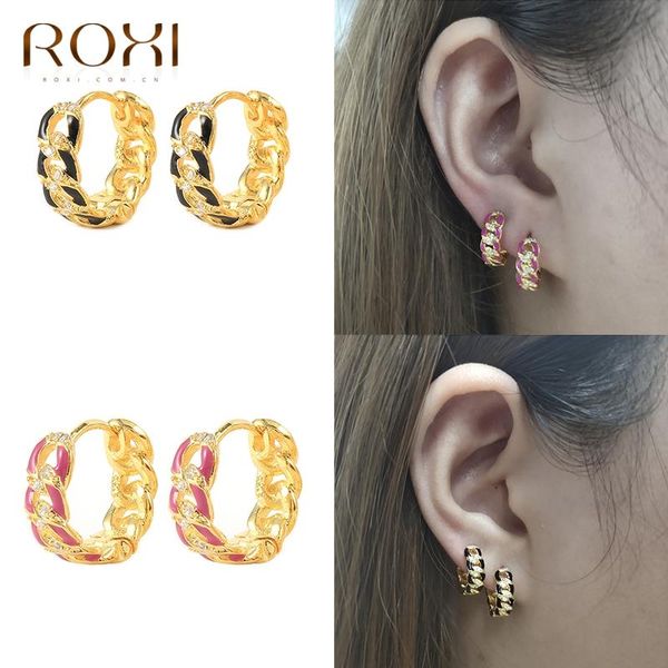 Hoop Huggie ROXI-pendientes redondos con cadena esmaltada para mujeres y adolescentes, joyería fina con círculo de aceite en forma de gota de Plata de Ley 925