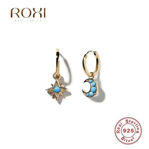 Hoop Huggie ROXI Star Moon Turquoise Pierre Boucles D'oreilles Pour Les Femmes 925 Sterling Argent Femmes Bijoux Pendientes Plata Cadeaux