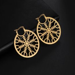 Pendientes de aro Huggie Viking Nordic Compass Vegvisir 2023 AMuleto de oro de acero inoxidable Amuleto grande para mujeres Joyas Gifthoop