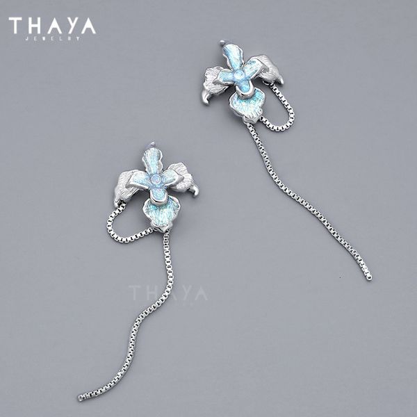 Hoop Huggie Thaya fleur femmes boucles d'oreilles à la main Design Original pendentif balancent mode chaîne fête bijoux fins 230517