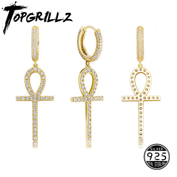 Hoop Huggie TOPGRILLZ 925 boucles d'oreilles croix Ankh en argent sterling glacé Micro pavé AAA Bling CZ boucles d'oreilles en pierre pour homme femmes bijoux Hip Hop 230831