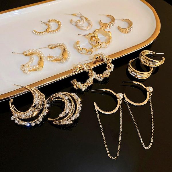 Hoop Huggie u-magical lujo Multi diseños C forma oro Metal imitación perla pendiente para mujer borla ópalos joyería de diamantes de imitación