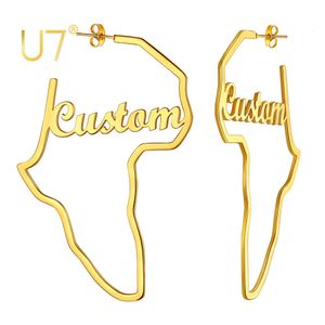 Hoop Huggie U7 Nombre personalizado en Hollow Out Africa Map Fame Hoop Pendientes para mujer Black Gold Color Acero inoxidable Joyería personalizada 230802