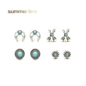 Hoop Huggie Vintage Sier Turquoise Crescent Arrow Statement oorbellen Set 4pcs/Set Boheemian Cross Shape Stud -oorrang Promotioal Jood Dhkbd