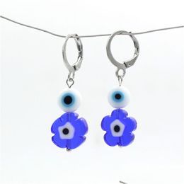 Hoop Huggie Gros Oreille Avec Murano Verre Rond Fleur Bleu Mauvais Yeux Boucles D'oreilles Pour Les Femmes Fête D'anniversaire Cadeau Chanceux Jewe Ot63J