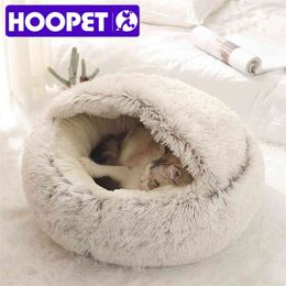 HOOPET Stijl Pet Dog Cat Bed Round Pluche Warm House Soft Long Voor Kleine Dogs S Nest 2 in 1 210722