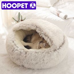 HOOPET Style Pet Dog Cat Bed Round Plush Warm House Soft Long para perros pequeños s Nest 2 en 1 210713