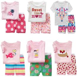 Hooyi Summer Baby Girls Ropa Trajes de algodón niños ropa de dormir Pink Blanco Camisetas Camisetas Pantalones cortos Pantalones Pijamas 2pcs 210915