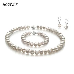 HOOZZP – ensemble de bijoux en perles d'eau douce, collier, Bracelet, boucles d'oreilles, cadeau pour femmes, 910mm, perle noire et blanche, 240119