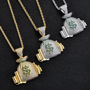 Hop Bling Hip Money Bag Wing Pendant Kettingen Iced Out Green Cubic Zirconia Cartoon Dollar Symbool Purse rapper sieraden Geschenken Crystal Party