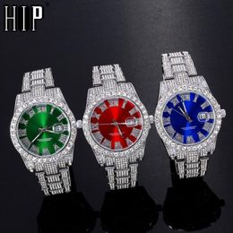 Hop Full Iced Out Relojes para hombre Fecha Muñeca de cuarzo con reloj de circonita cúbica micropaved para mujeres Hombres Joyería