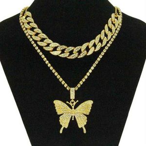 Hop Hip Iced Out Strass Big Butterfly Anhänger Halskette Kubanische Kette Set für Frauen Statement Bling Kristall Tier Halsband Jewelry2546