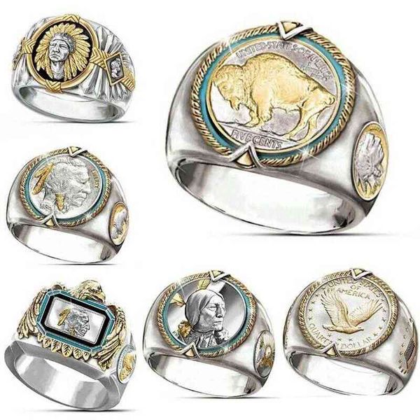 Hop Hip Two-Tone 925 Silver Men Anneaux d'or Buffle Buffle Nickel Ring Mens Desinger Rings Fashion Personalité Gift For Man Size 7258B