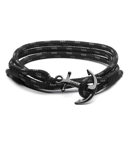 Pulsera Hope 4 Tamaño Tom Hecha a mano Cuerda de triple hilo negro Brazalete con dijes de ancla de acero inoxidable con caja y etiqueta Th61415074