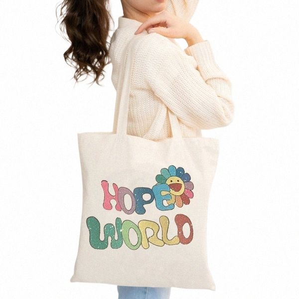 Hope World Print Tienda reutilizable Bolsas ecológicas Bolsa de libros de lona Mujeres Bolsa de compras plegable Fi Bolso de hombro femenino Bolso N16z #