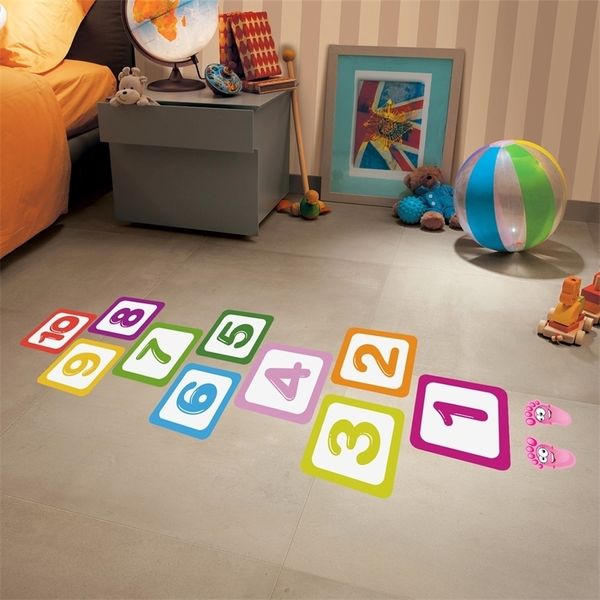 Pegatinas de suelo extraíbles Hopscotch, número de celosía, juego de guardería, pegatinas de pared de dibujos animados para habitación de niños, autoadhesivo impermeable 220727