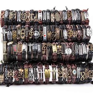 HOQIAGA 100 stks lederen armbanden mannen vrouwen Echte vintage punk rock retro paar handgemaakte manchet polsband hele partijen bulk 2103226G