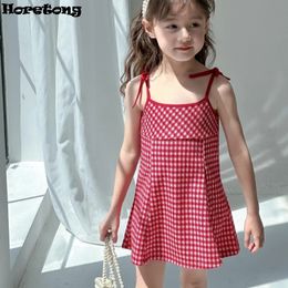 HORETONG CHILRENS Robe Summer Girls Plaid Robes Robes Fashion Cute Kids Lace Up Up A-Line Mini Dress Vestidos 240517