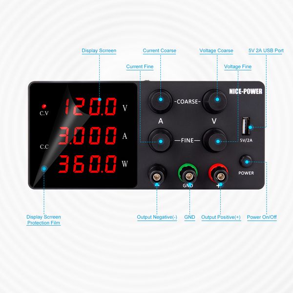 Continción de tipo horizontal Fuente de alimentación de CC 30V 10A Fuente de alimentación ajustable Banco Voltaje Voltaje Regulador de corriente 60V 5A 120V