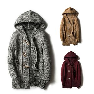 Corne bouton pulls hommes automne chaud pull pour hommes solide sweats à capuche décontracté vêtements d'hiver mince à manches longues grande poche manteau 210524