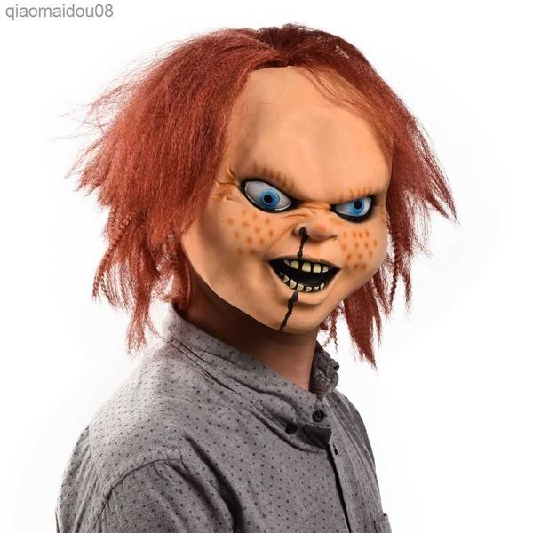Horror Chucky Máscara Cosplay Ghost Kid Mueca Casco de cara completa Casco de miedo Halloween Canival Spook House Party Killer Props L230704