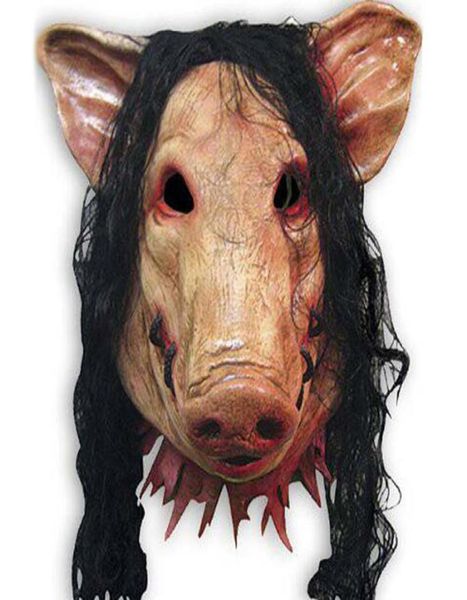 Horreur Masque Halloween a vu 3 Pig Pig Mask avec des cheveux noirs adultes FAUCHE FACE ANIMAUX LATS MASCHES Costume de mascarade d'horreur avec coiffure2050083