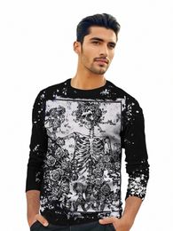 Horror Hot Sale Handgeschilderde kleding Heren Spring en Autumn Tee Bes Skull Funny 3D Gedrukte Top Vintage LG Sleeve T-shirt Y4F7#