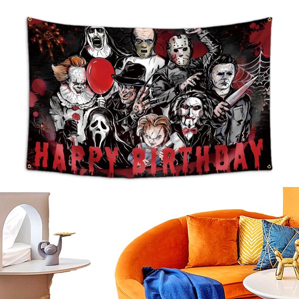 Horror Movie Personnage Birthday Party Decor Banner Banner Scary Banner Joyeux anniversaire Contexte pour la fête à thème Décor