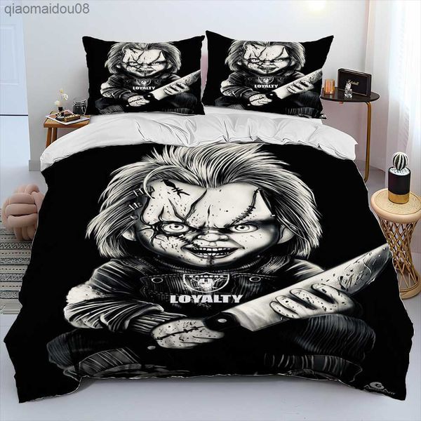 Personaje de película de terror Chucky Saw edredón juego de cama funda nórdica juego de cama funda de edredón King Queen tamaño juego de cama L230704