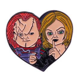 Horror Movie Child's Play Bride of Chucky Tiffany And Chucky Heart Shape Metal Enamel Backpack Coat Lapel Badge Brooch Pin