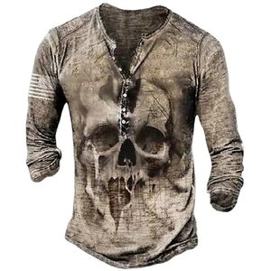 Horreur Crânes Imprimer Hommes Henley Chemise T-shirts Printemps Coton Casual Boutonné VCol À Manches Longues Rue Tops Hommes Vêtements 5XL 240119