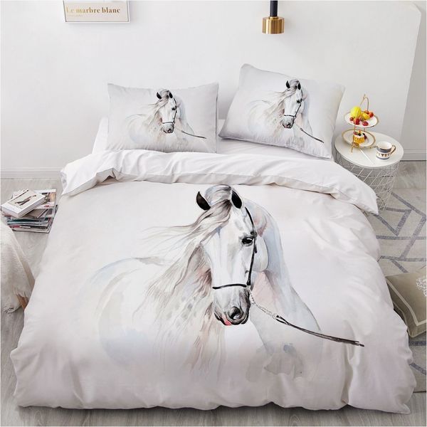 Juego de cama de caballo, diseño personalizado en 3D, juegos de fundas nórdicas de animales, ropa de cama blanca, fundas de almohada, tamaño King Queen Super King Twin 20112259c