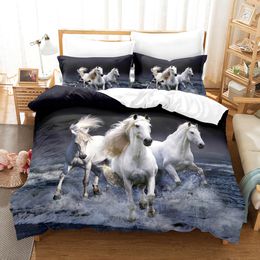 Juego de ropa de cama de caballos Animal Peach Blossom White Horse Flower Twin Queen King Quilt Cover Cubas de almohadas 3D Divet Cubierta