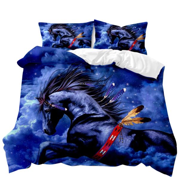 Cubierta de edredón de caballos Conjunto de caballos en el cielo estrellado con estampado de ropa de cama gemela para adultos Animal Queen King Size Poliéster Cubierta de qulit