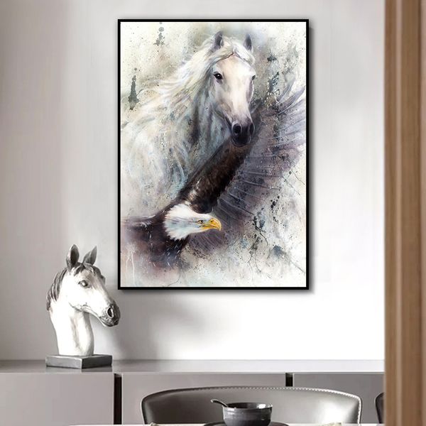 Toile d'animal cheval aigle, peinture en noir et blanc, images d'art murales pour salon chambre à coucher, décoration de maison moderne sans cadre