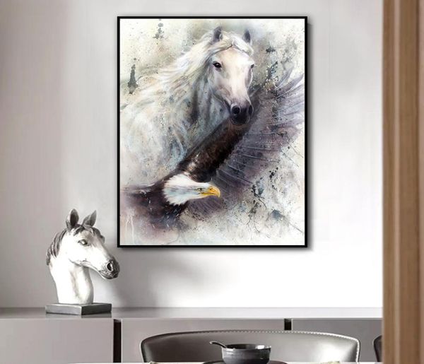 Pintura en lienzo de animales de águila y caballo, arte en blanco y negro, imágenes artísticas de pared para sala de estar, dormitorio, decoración moderna del hogar sin marco6377568