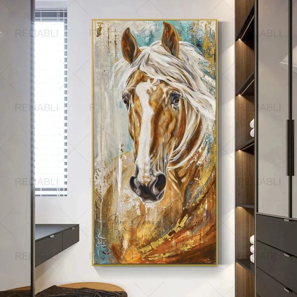 Pintura al óleo de caballos impresas en lienzo de carteles de animales Imagen de arte de pared para sala de estar Modern Entrance Porche Decoración Cuadro sin marco