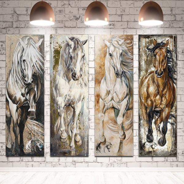 Cheval peintures à l'huile sur toile mur Art affiches et impressions grande taille animaux Cuadros photos pour salon décor 4 panneaux