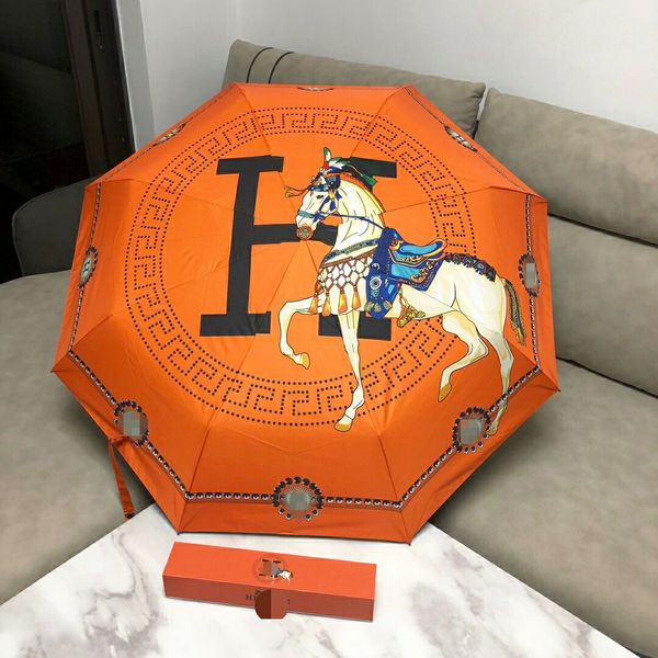 Parapluies orange à motif de cheval, marque de mode, Protection contre les UV, en caoutchouc noir, soleil et pluie