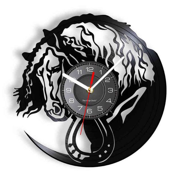 Cheval Portrait fer à cheval vinyle LP Record horloge murale Stable ferme Style Vintage horloge équitation Art décor équestre cadeau H1230