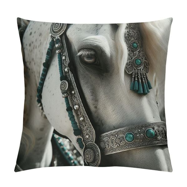 Cubierta de almohada de tiros de caballos India India Pintura de caballos blancos Casa de almohada rectangular decorativa para sofá y sofá de la cama