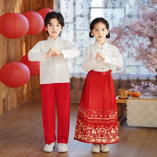 Jupe à visage de cheval pour enfants, robe de sœurs Ming Hanfu pour filles et garçons, Costume de Style chinois, Costume Antique traditionnel, 240321