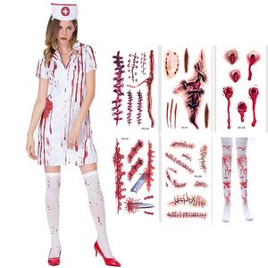 Hôpital Bloody Zombie Nurse Costume Adults Halloween Carnival Horreur avec des chaussettes tatouées