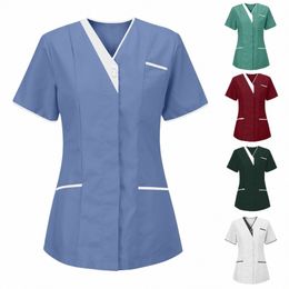 Uniforme de soins infirmiers à l'hôpital Femmes Scrubs Tops Solide Couleur Manches courtes Soignant Infirmière Travail Uniformes médicaux Blouse Pulls Femme F4bQ #