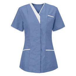 Hôpital Nursing Uniform Femmes Scrubs Tops Couleur continue Couleur à manches courtes infirmières Travailleur Uniformes médicaux Blouse Pulluvers Femme