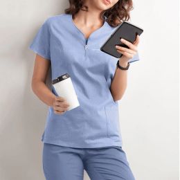 Hospital Working Uniform Blouse Shirt Zipper V-neck Short Sleeved Nursing Uniform Nursing Tops Women Clinic Scrubs Pullovers