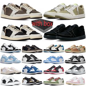 Met doos 1s lage mannen dames basketbalschoenen 1 lage olijfzwart phantom cool grijs unc court paarse panda heren trainer sneakers 36-47