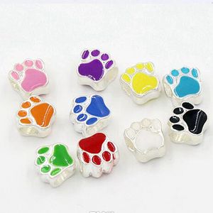 Esmalte chapado en plata de 100 Uds., espaciador de pata de oso y gato de doble cara, cuenta con agujero grande para fabricación de joyería, pulsera, collar, accesorios DIY D-106